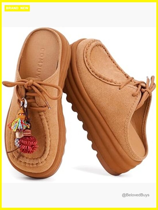 Shoes - Genuine Suede Platform Mules Clogs Slip On Chunky Sole Arch Support